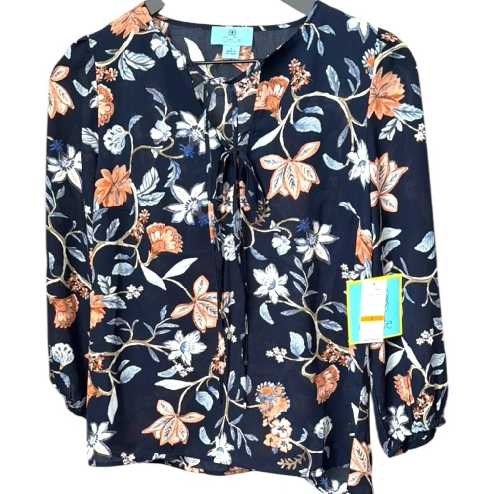 CeCe Floral navy Blouse brand new small MSRP69.00 - Picture 2 of 7